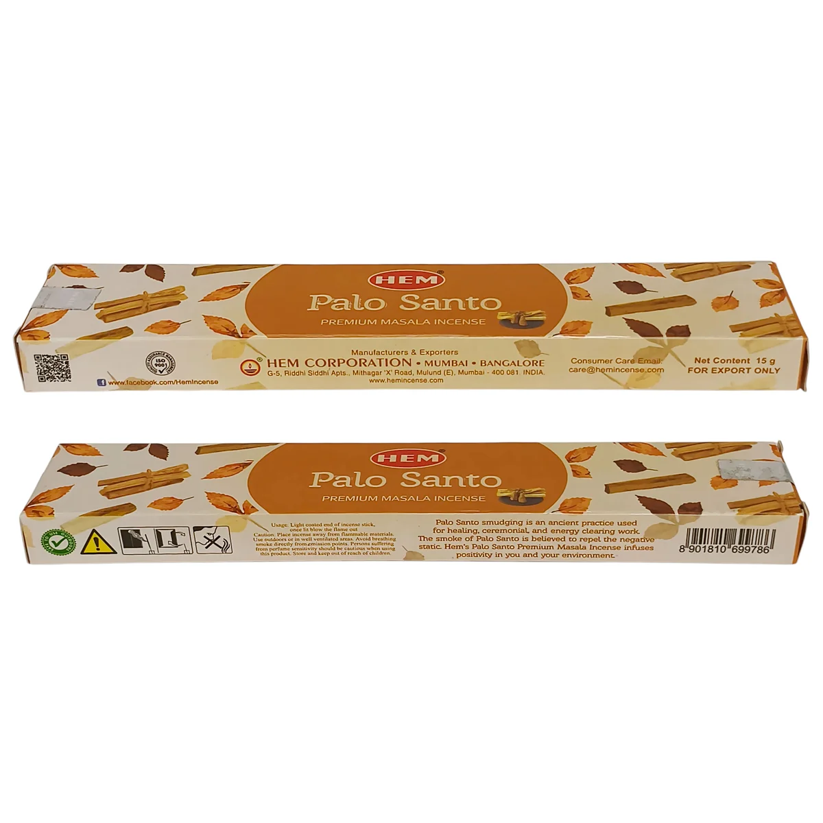 Detalle del empaque de incienso Palo Santo HEM con la descripción de sus propiedades aromáticas.