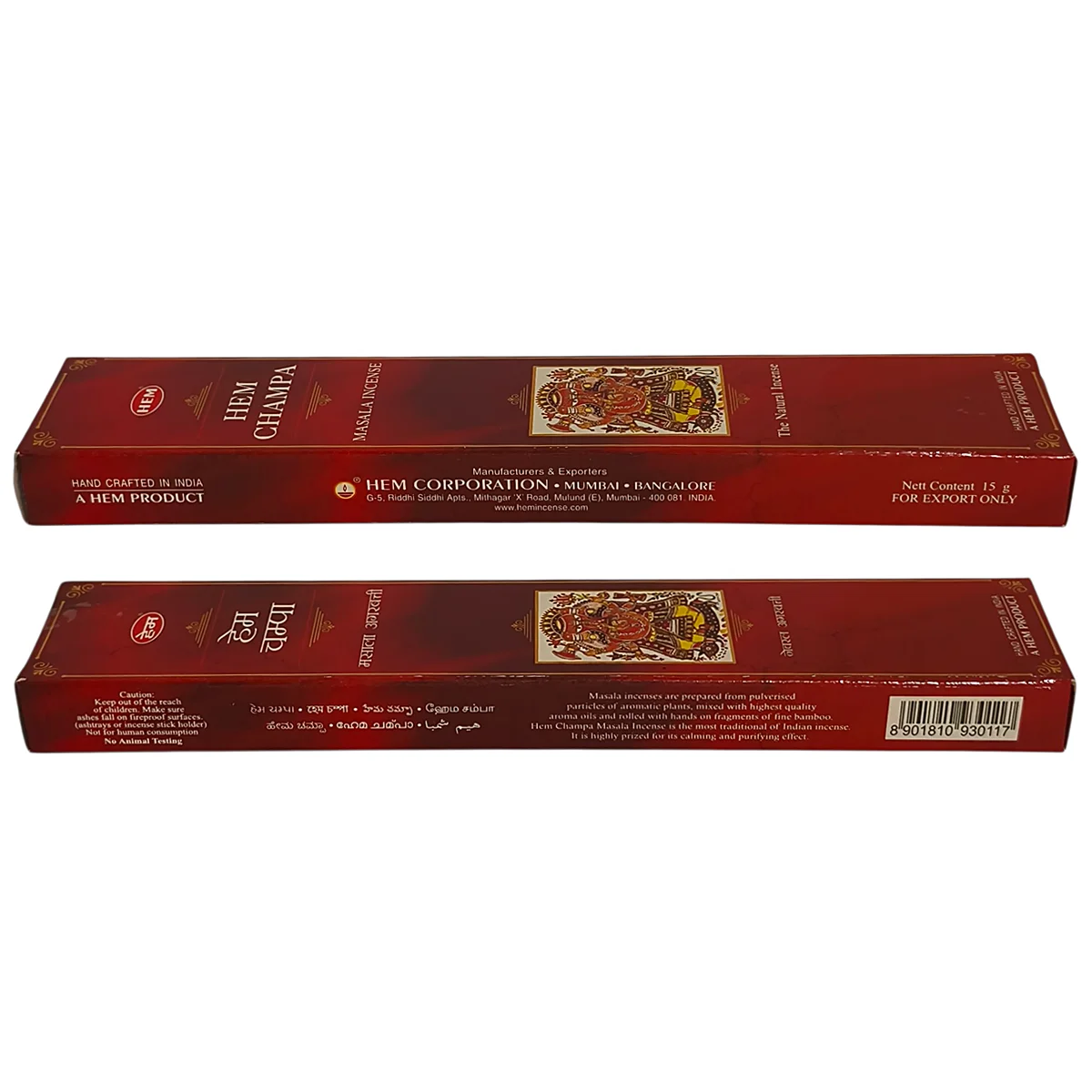 Parte posterior del empaque de incienso HEM Champa con instrucciones de uso y sello de producto original.