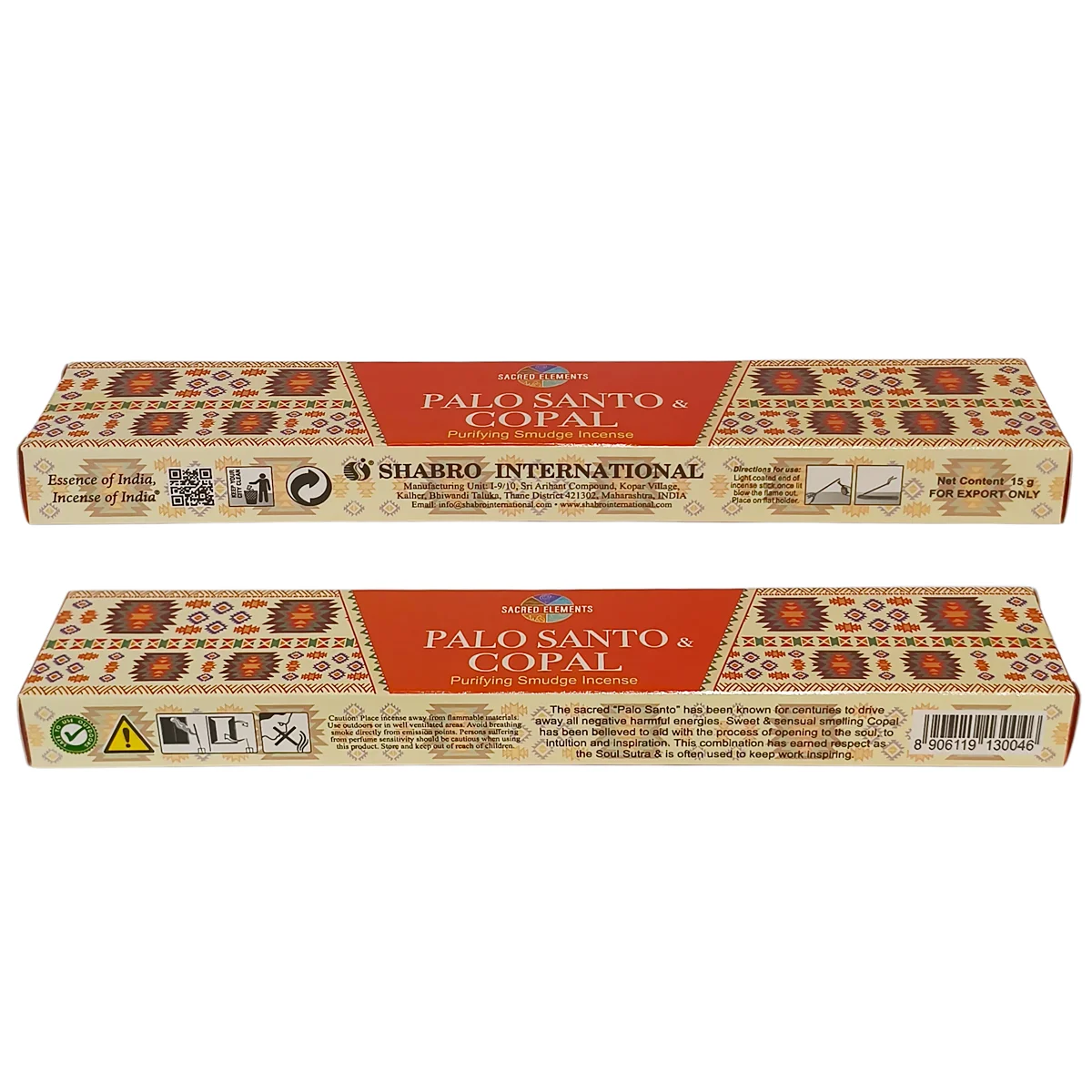 Descripción, ingredientes y contenido en el empaque del incienso Palo Santo y Copal HEM.