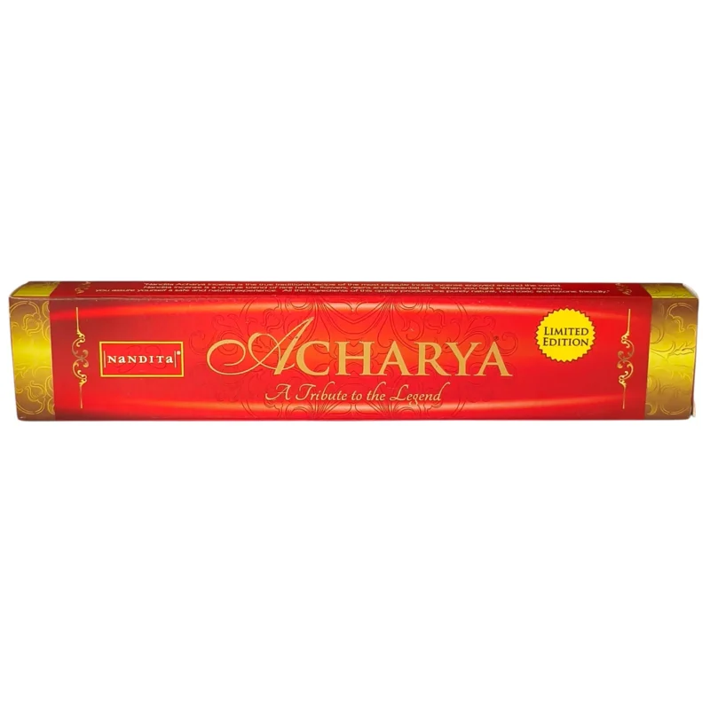 Empaque original de Incienso Acharya Nandita, incienso hindú premium tipo masala importado a México.