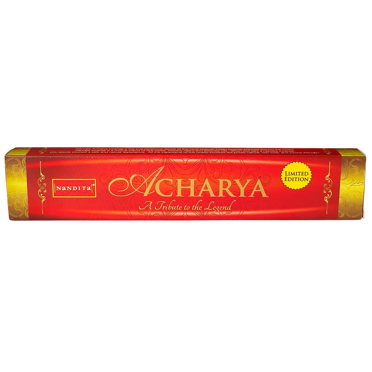 Empaque original de Incienso Acharya Nandita, incienso hindú premium tipo masala importado a México.