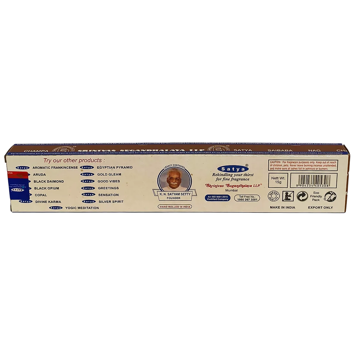 Parte trasera de la caja de incienso de mirra Satya con información de fabricación en India y código de barras.