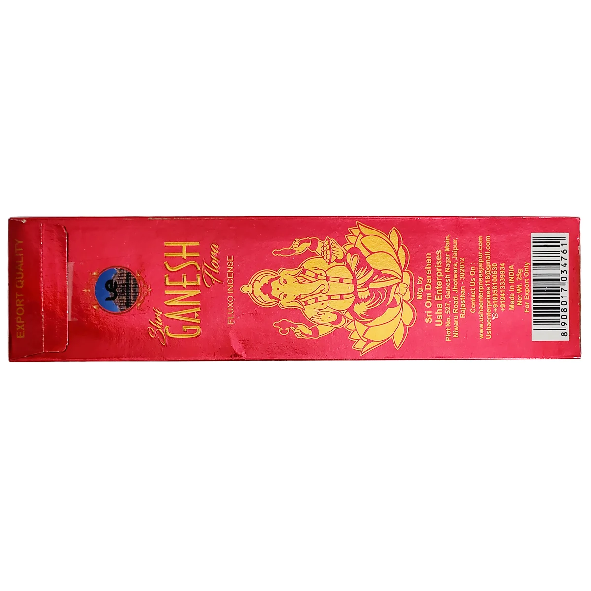 Primer plano de la parte trasera de la caja de incienso Shri Ganesh Flora, mostrando ingredientes, origen y código de barras.