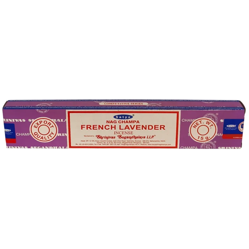 Caja de incienso de Lavanda Satya original de 15 gramos con varillas artesanales.