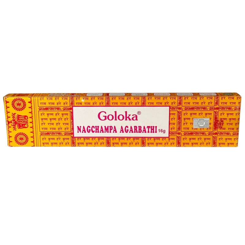 Caja de incienso Nag Champa Goloka original de la India sobre un fondo blanco.