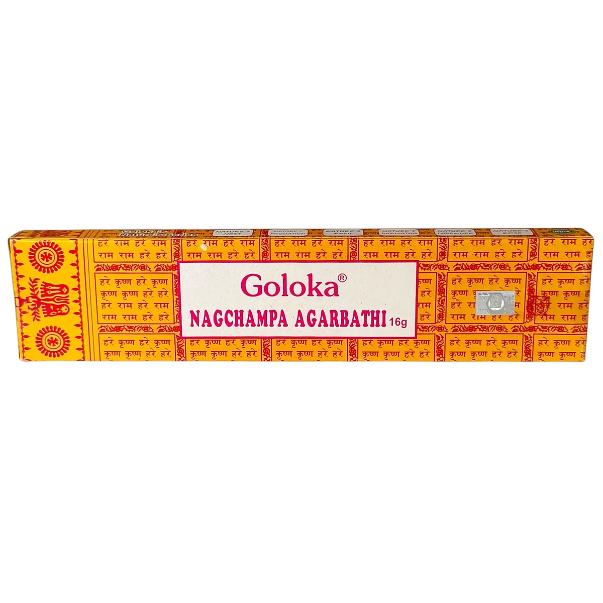 Caja de incienso Nag Champa Goloka original de la India sobre un fondo blanco.