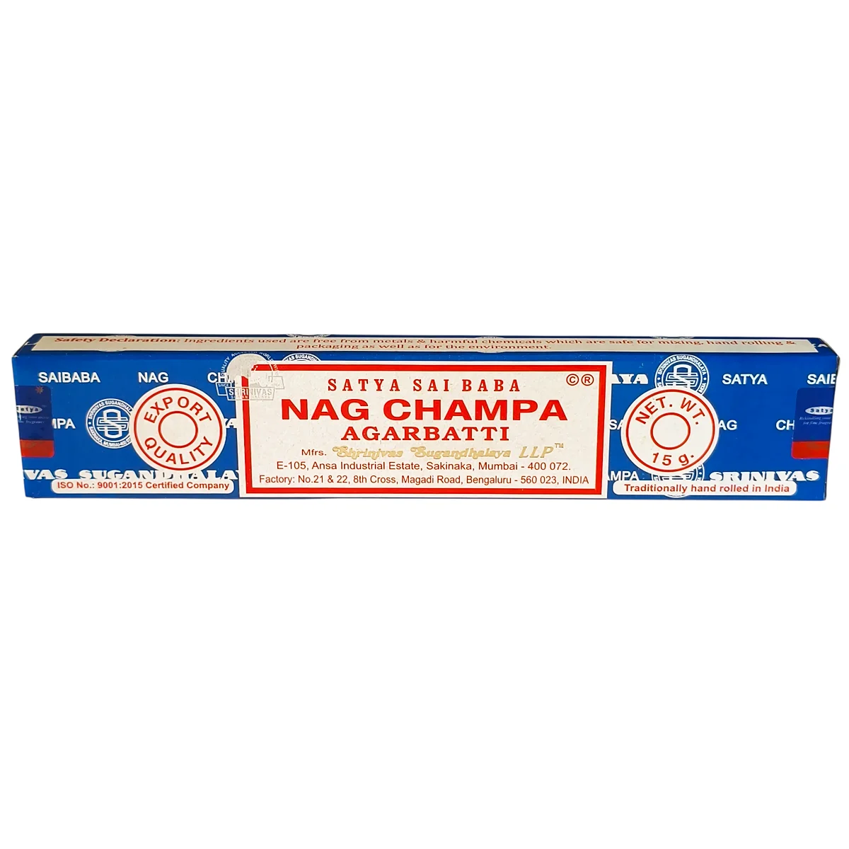 Caja de incienso Nag Champa Satya Sai Baba original de la India sobre fondo blanco.