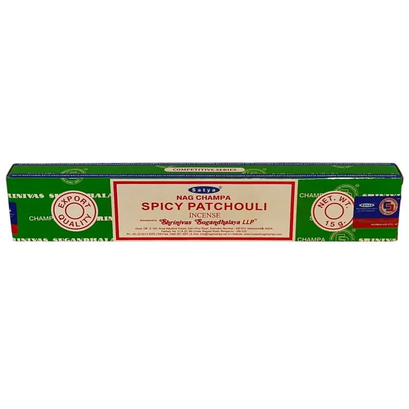 Caja de incienso de pachuli Satya original de quince gramos hecho en India.