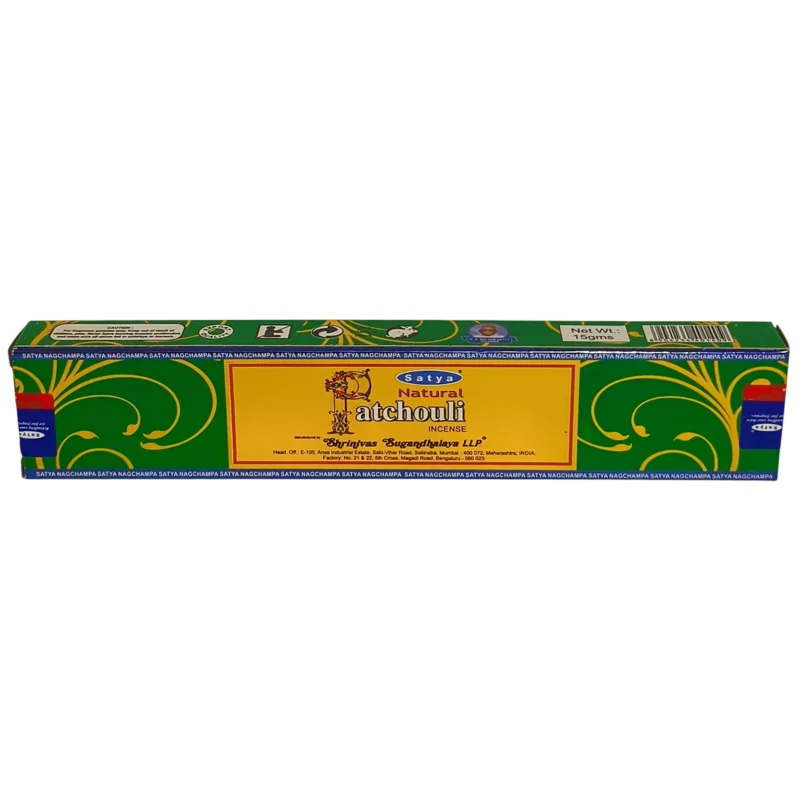 Caja de Incienso Pachulí Satya original de 15 gramos importado de India.