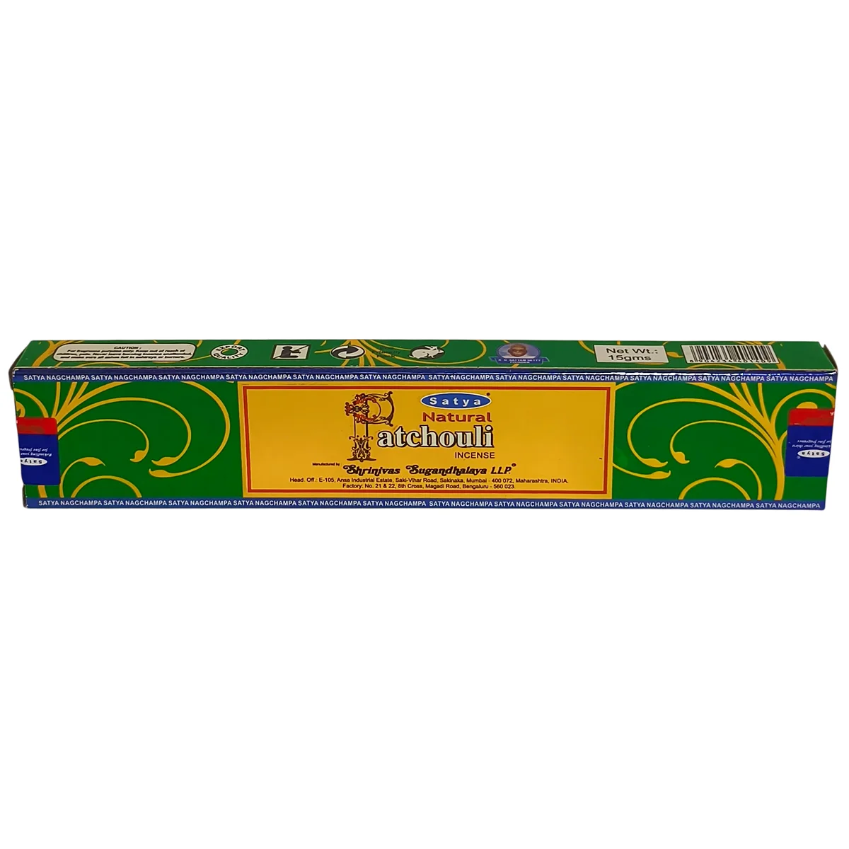 Caja de Incienso Pachulí Satya original de 15 gramos importado de India.