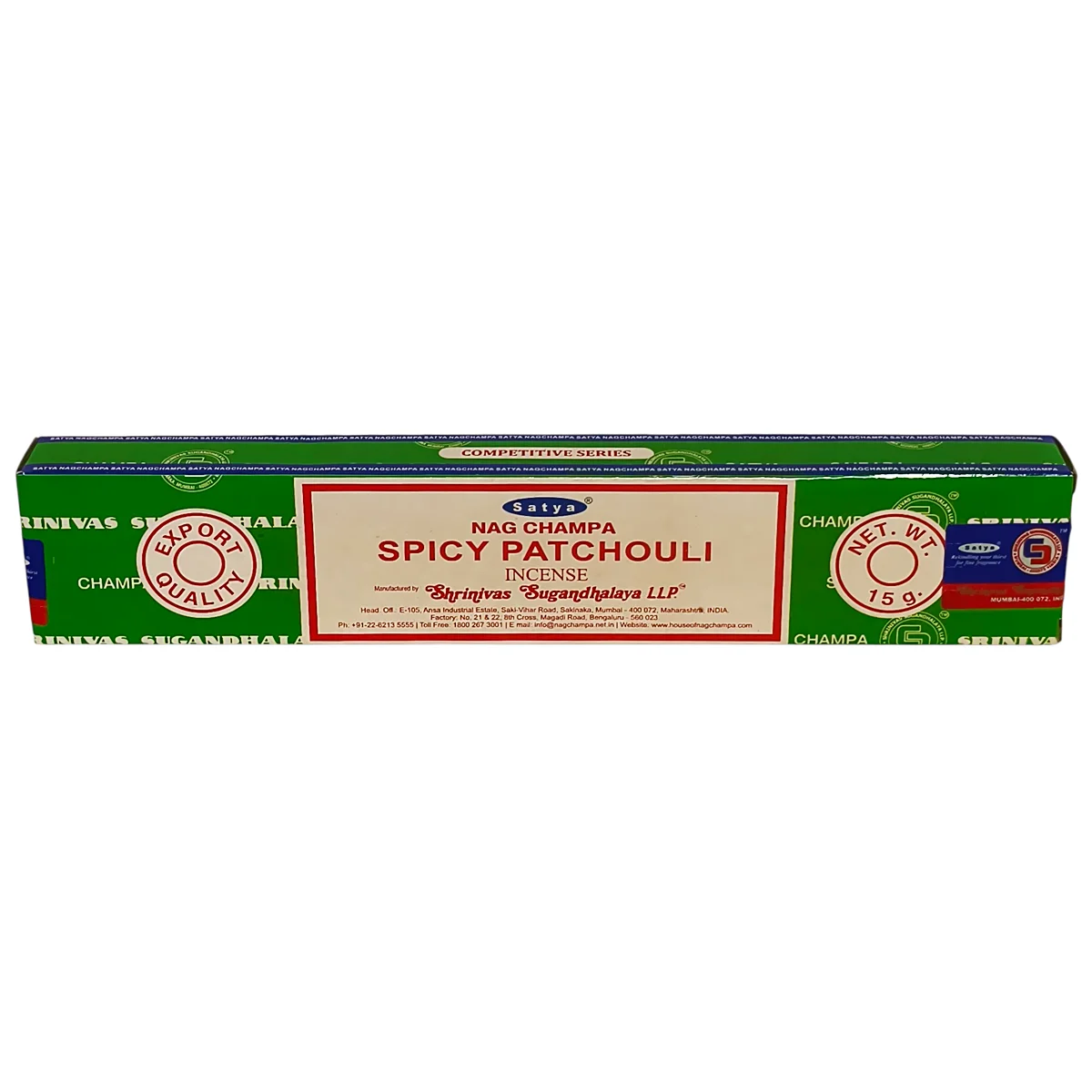 Caja de incienso de pachuli Satya original de quince gramos hecho en India.