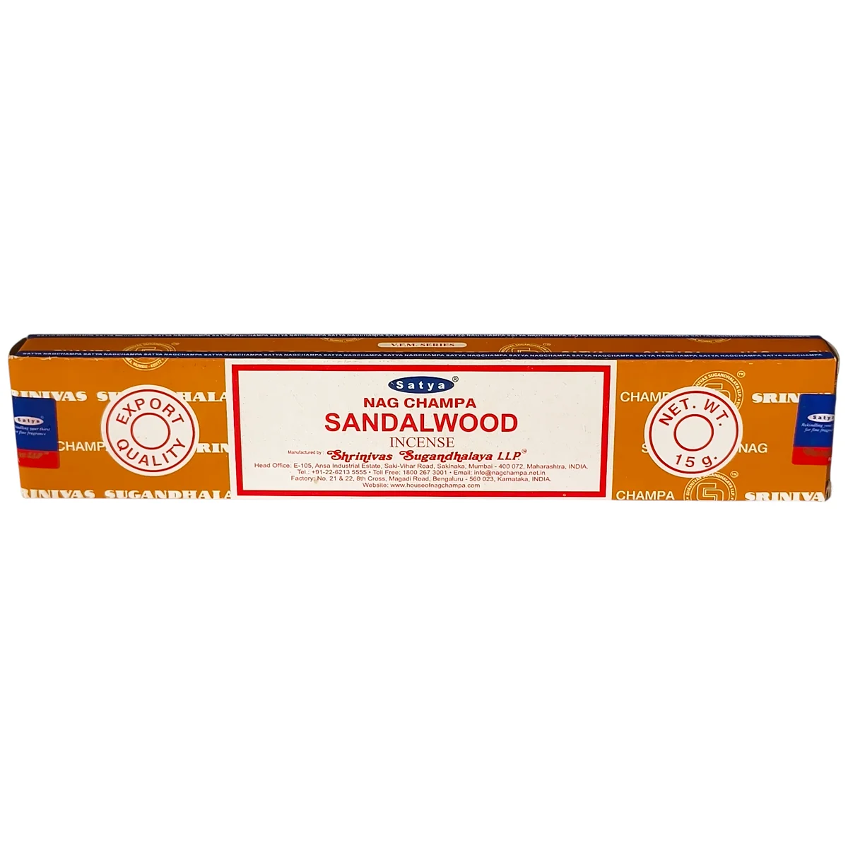 Incienso de sándalo Satya original de 15 gramos con varillas artesanales de la India.