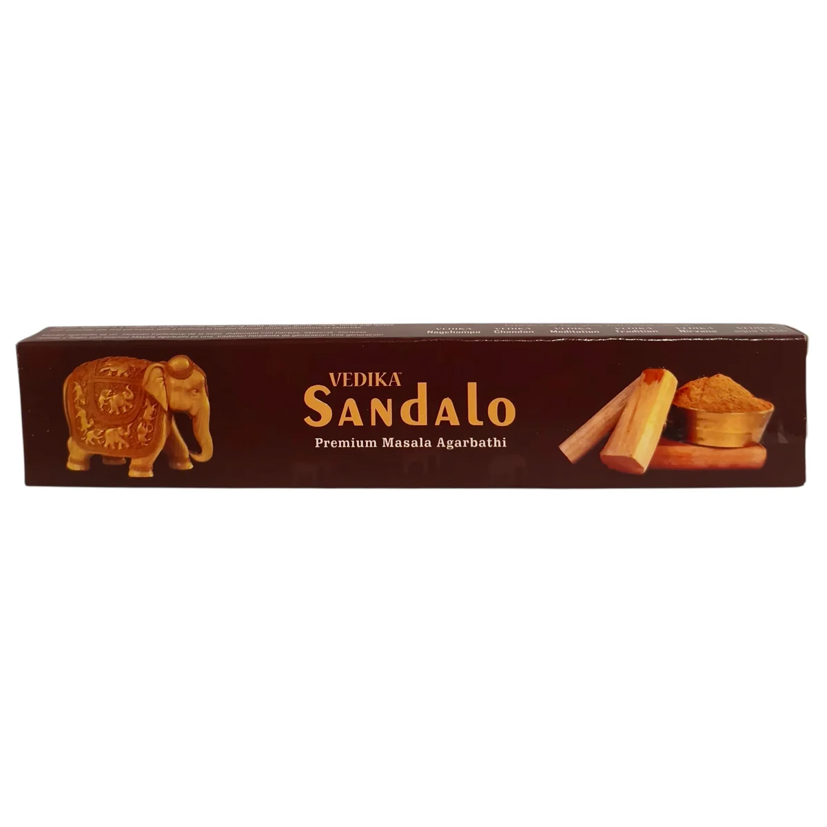 Caja de incienso de sándalo original de la marca Vedika sobre un fondo limpio y natural.
