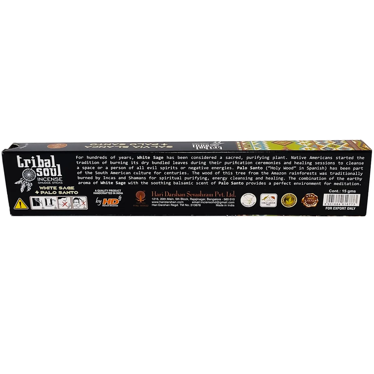 Contraportada de la caja de incienso Tribal Soul con instrucciones de uso, advertencias de seguridad e información de fabricación artesanal en la India.
