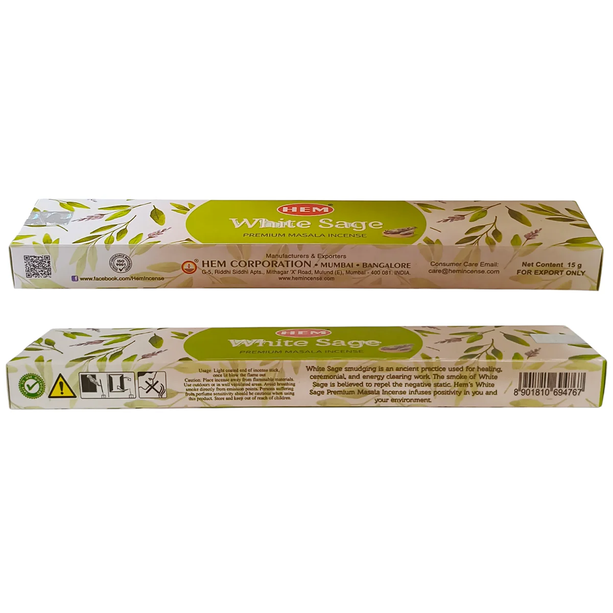 Parte posterior del empaque de incienso de salvia blanca HEM con especificaciones, precauciones y origen.