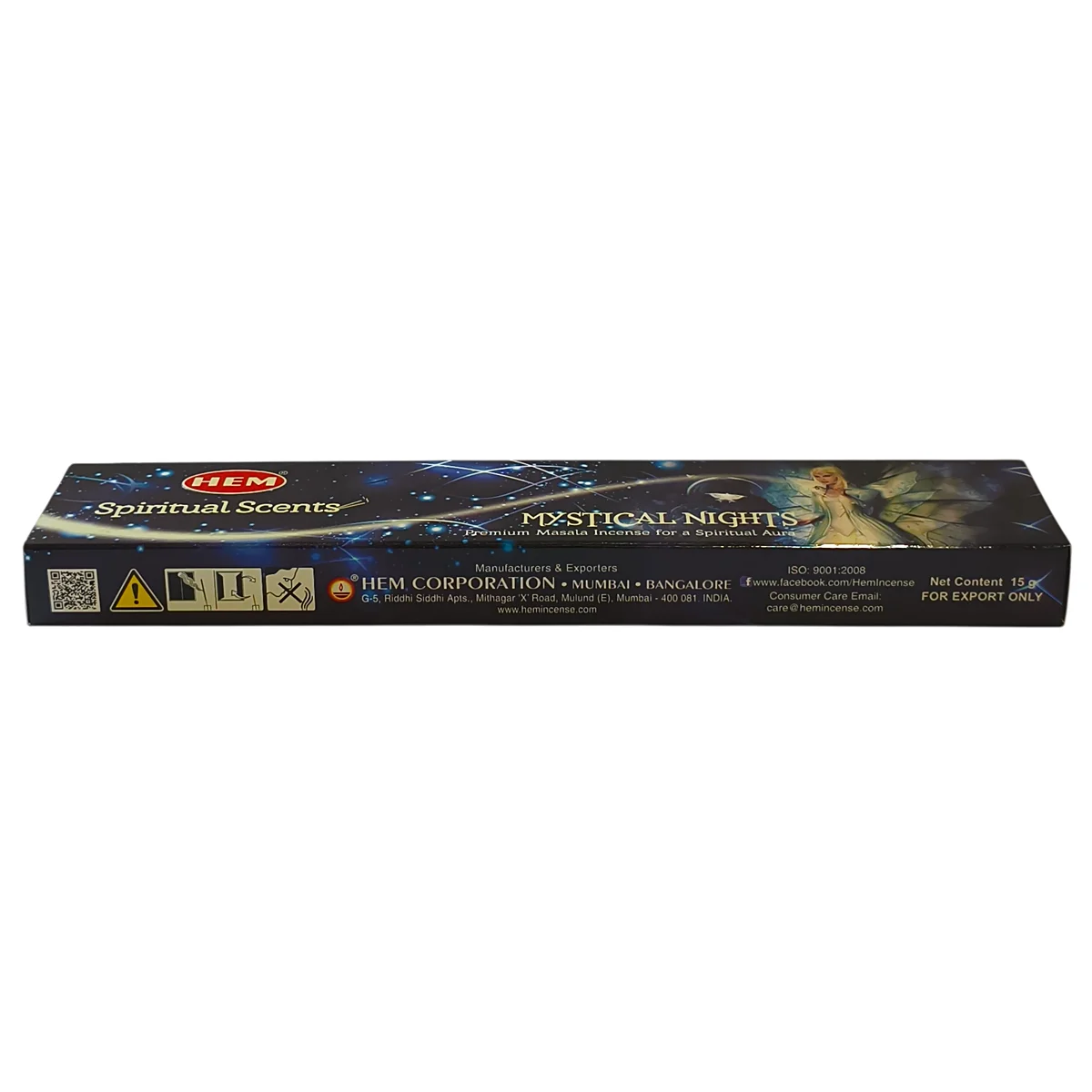 Parte de atrás de la caja de incienso HEM Noches Místicas con instrucciones de uso y sellos de calidad.