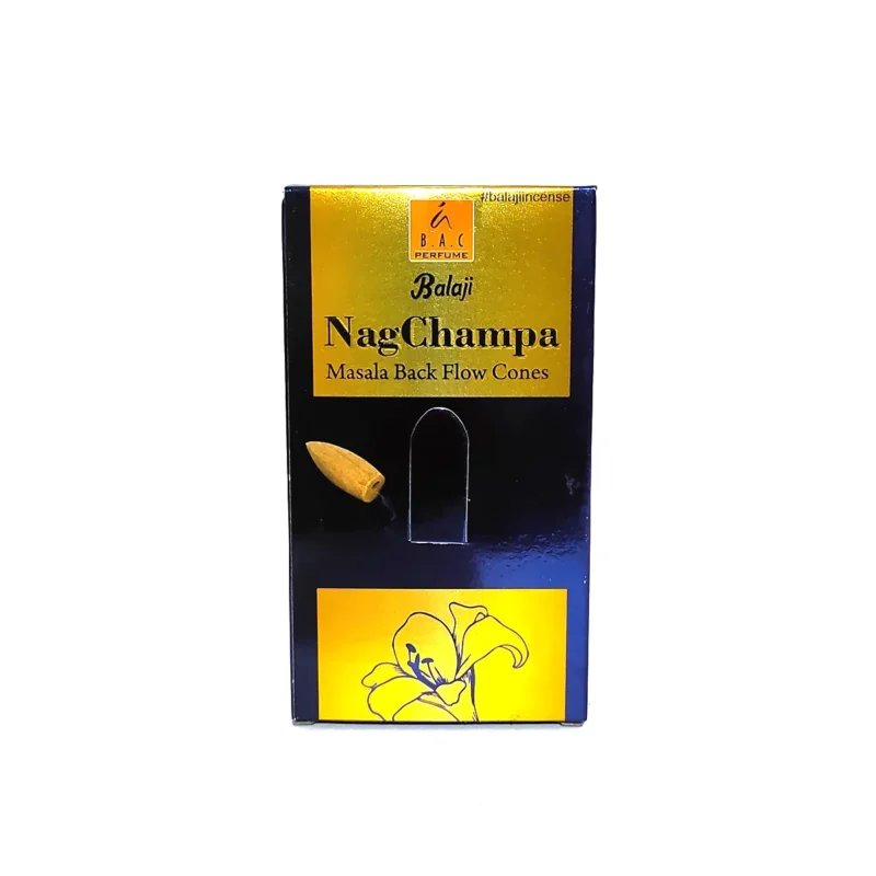 Caja de conos de incienso de reflujo Nag Champa marca Balaji con diez piezas.