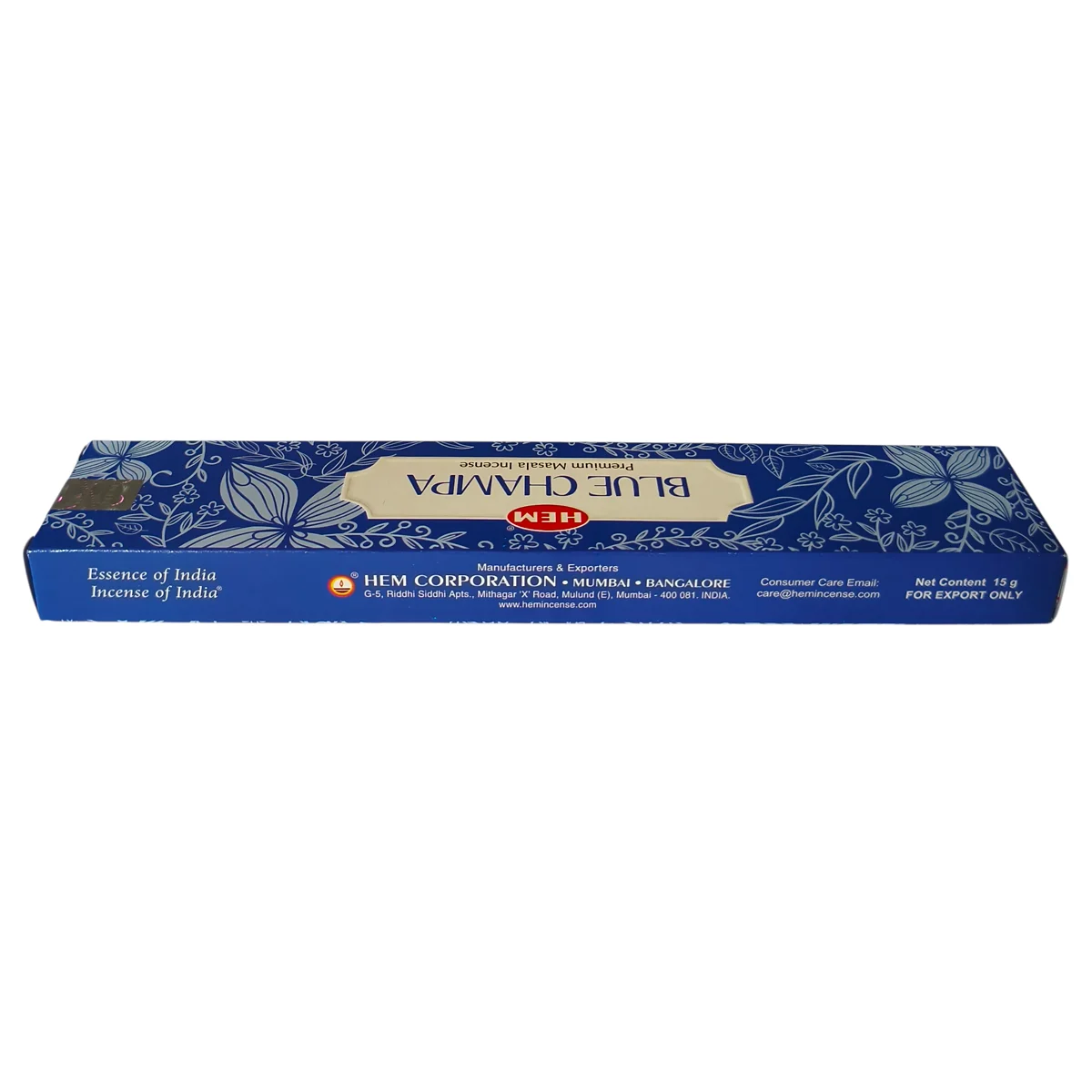 Detalle del reverso de la caja de incienso HEM Blue Champa con instrucciones de uso y origen de fabricación en India.