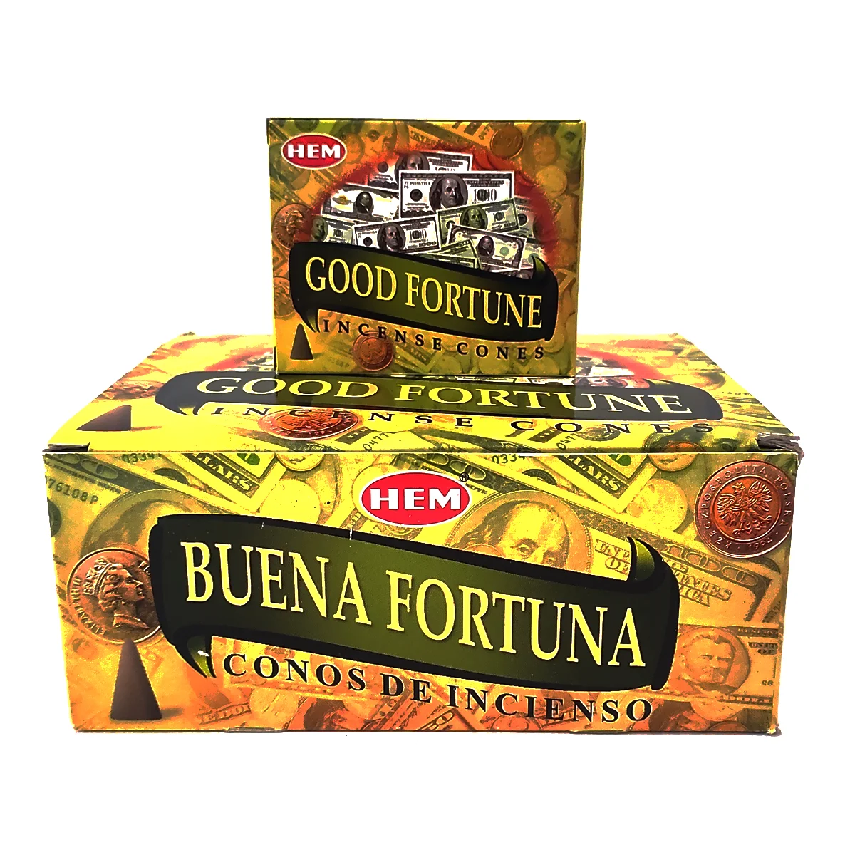 Empaque original del incienso de cono Buena Fortuna HEM marca HEM para uso espiritual y aromaterapia