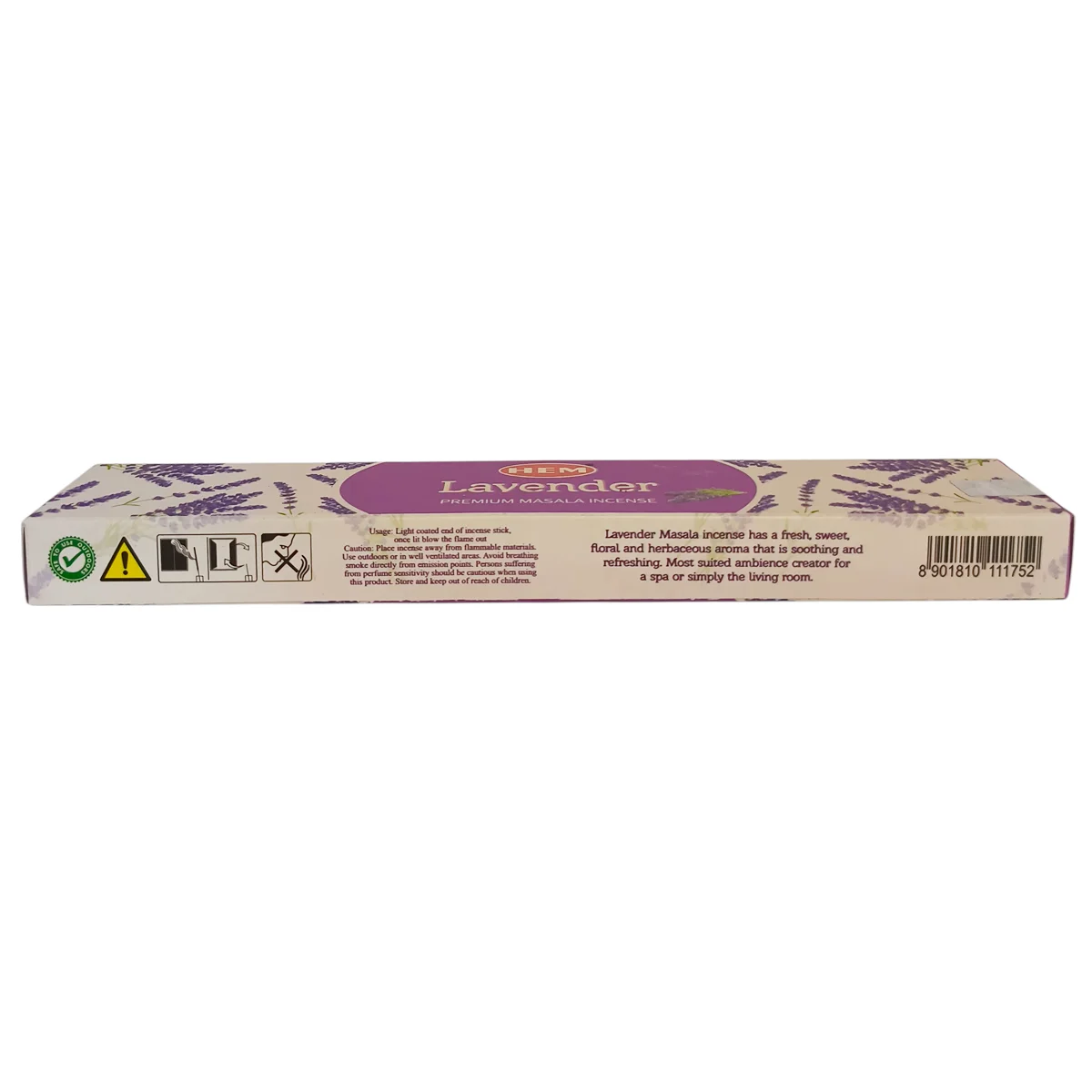 Parte posterior del empaque de incienso de lavanda HEM con instrucciones de uso y origen.